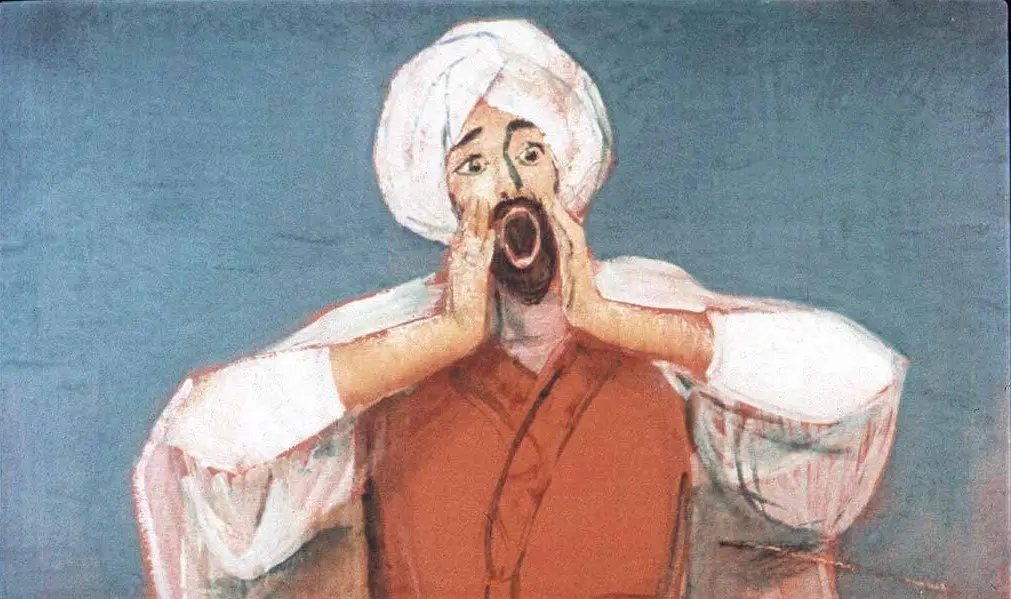 O pictură care înfățișează un bărbat cu turban și haine tradiționale, ținându-și mâinile pe obraje într-o poziție de strigăt.