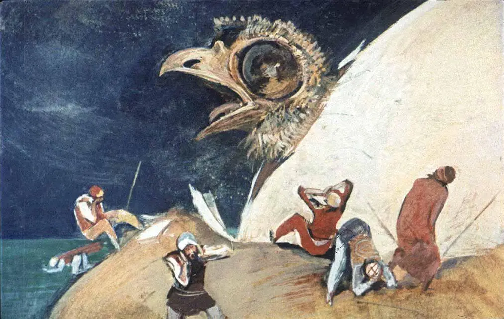 O pictură abstractă care ilustrează o pasăre gigantică cu un ochi uriaș și mai mulți oameni care par a fi copleșiți de această prezență, într-un peisaj întunecat.