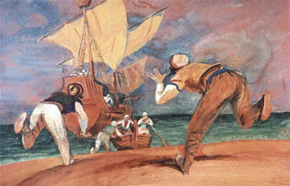 Pictură care ilustrează un grup de oameni pe plajă în timp ce un bărcuță cu vele este în larg, unii alergând spre ea.