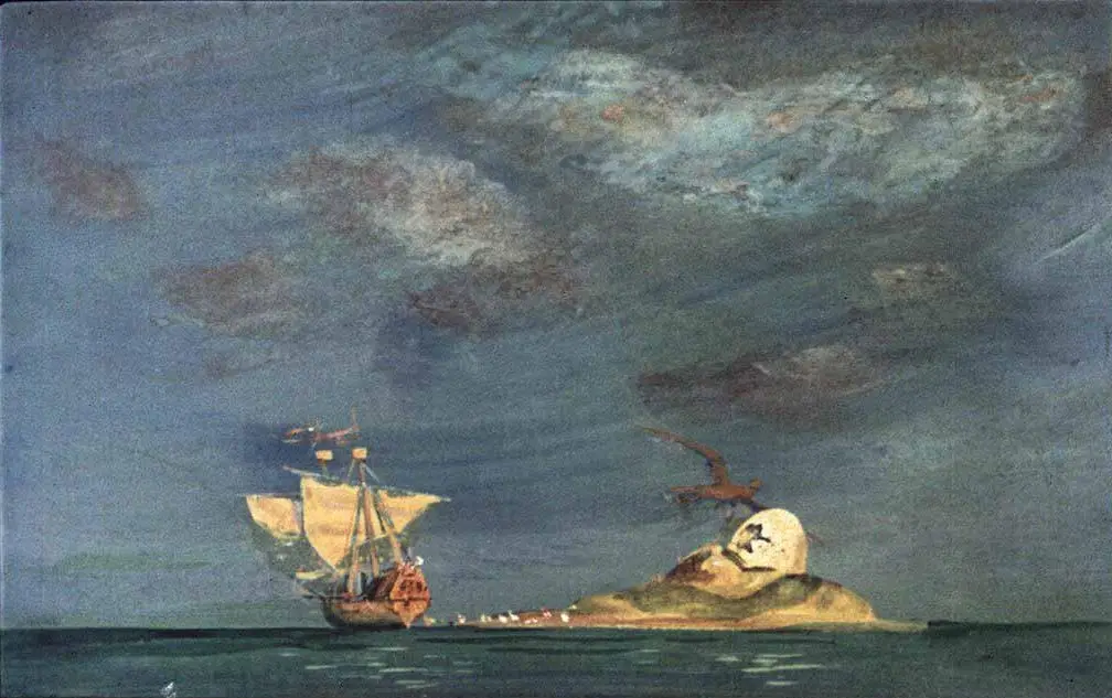 O pictură reprezentând un peisaj marin cu o navă velier și o insulă cu forma unei fețe umane, sub un cer înnorat.