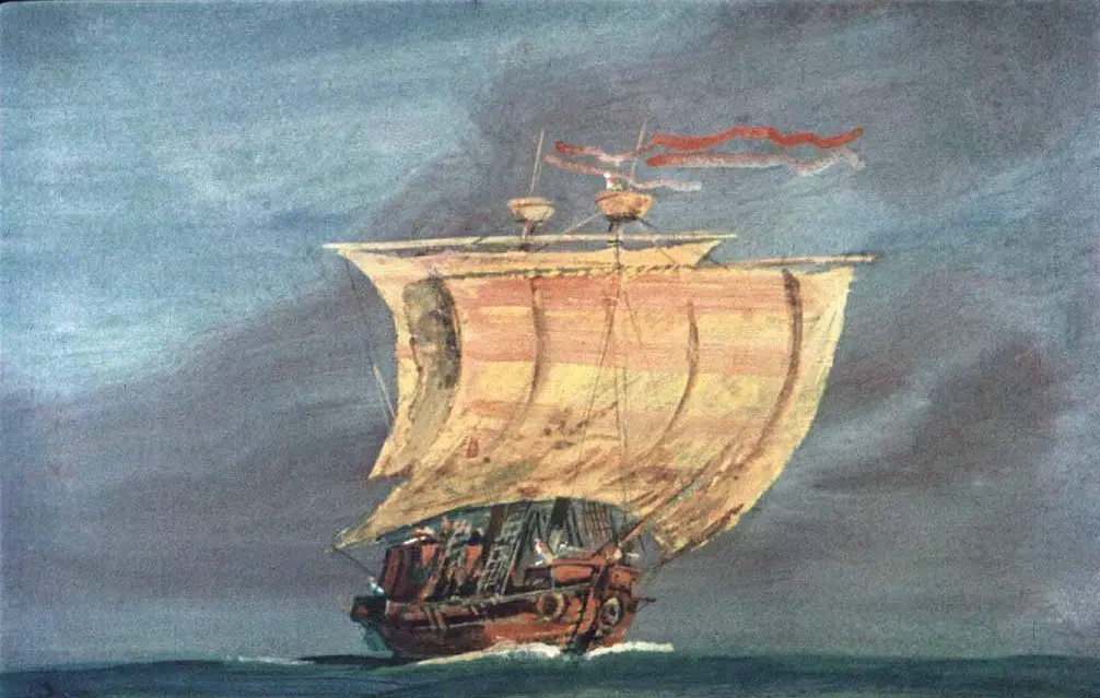 Imagine a unei nave cu vele desfăcute navigând pe ocean, cu un cer albastru și nori.