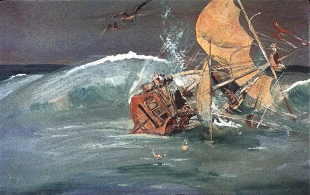 O ilustrație care prezintă o navă scufundată în valuri mari, cu pânzele desfăcute și persoane pe ea, înconjurată de apă.