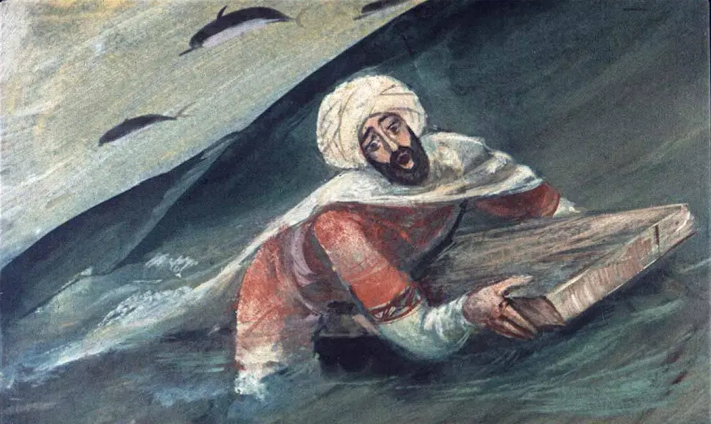 Un bărbat îmbrăcat în haine tradiționale, înotând în mare, ținând o placă de lemn, înconjurat de delfini.