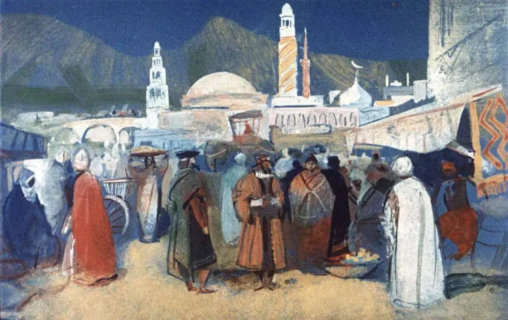 O scenă animată de piață cu persoane îmbrăcate în haine tradiționale, clădiri cu arhitectură specifică în fundal și peisaje montane.