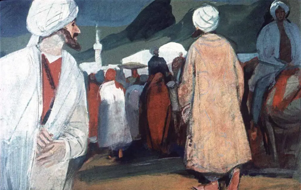 O scenă care ilustrează un grup de persoane îmbrăcate în haine tradiționale, într-un peisaj montan, cu un turn masiv vizibil în fundal.