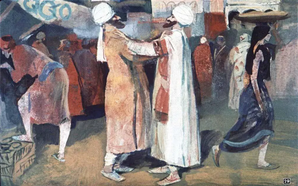 O scenă dintr-o piață cu oameni îmbrăcați în haine tradiționale, doi bărbați se salută, iar o femeie trece pe lângă ei purtând un coș pe cap.