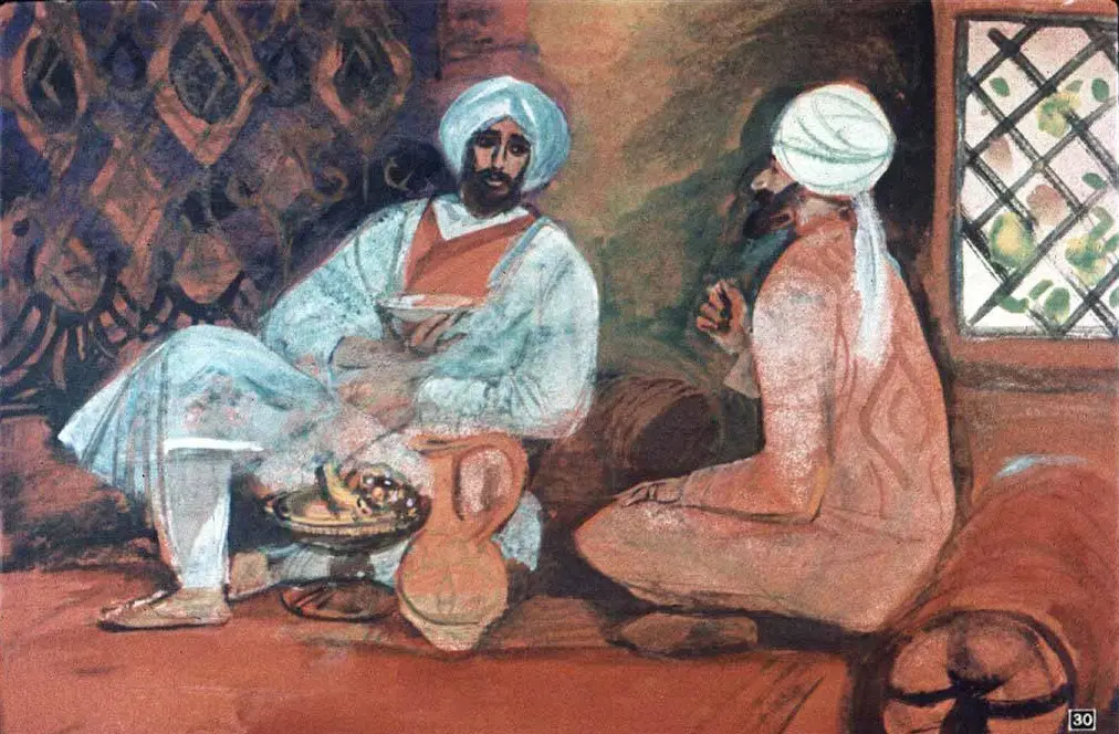 Ilustrație colorată reprezentând doi bărbați îmbrăcați în haine tradiționale, angajați într-o discuție, într-un mediu interior cu decor artistic.