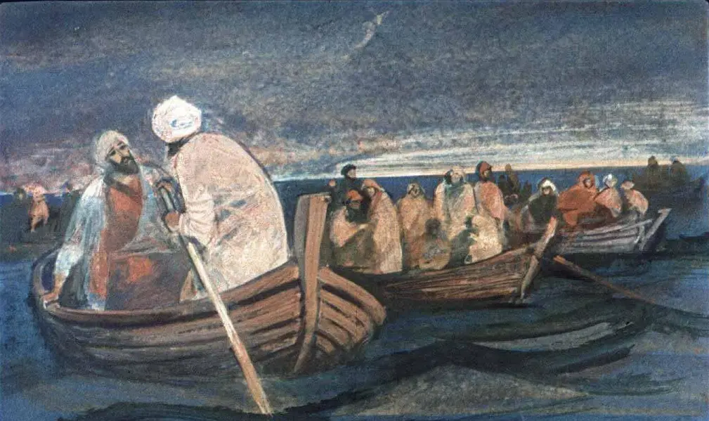 O pictură care ilustrează bărbați într-o barcă, discutând în jurul unei ape, cu mai multe bărci vizibile în fundal.