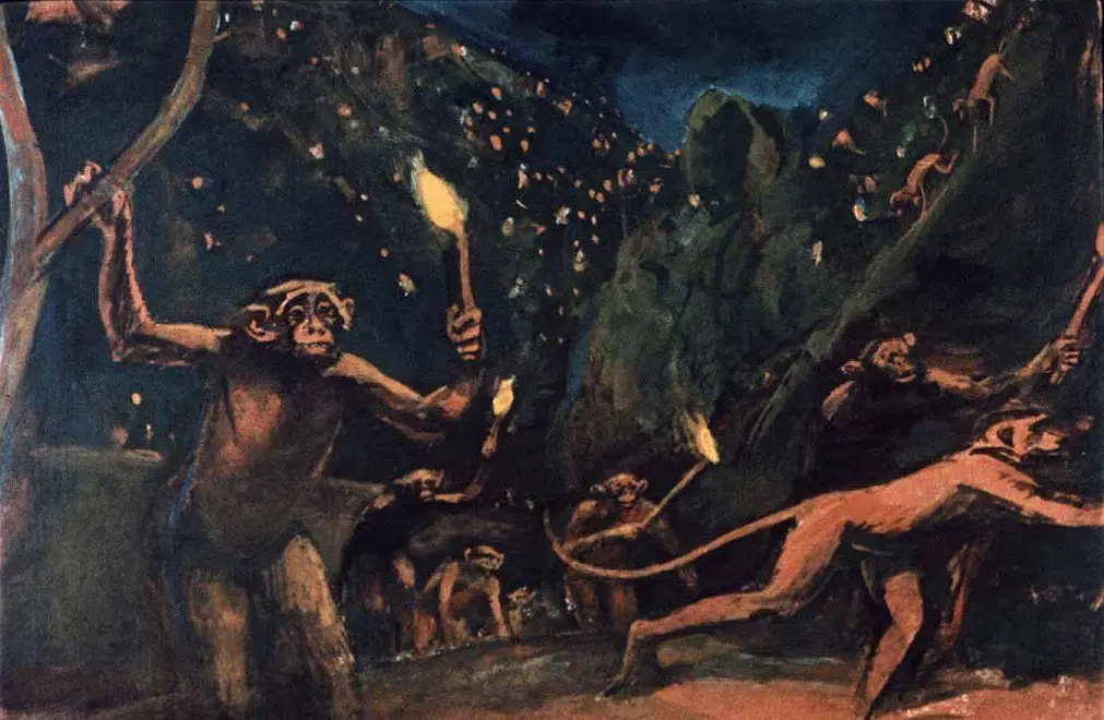 Pictură ce ilustrează maimuțe care țin torțe într-un peisaj nocturn, cu o atmosferă misterioasă.