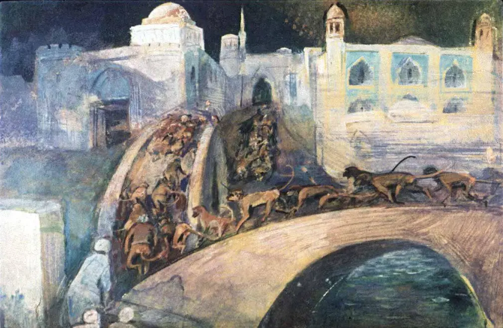 O pictură abstractă care prezintă un pod pe care se află o turmă de lei, traversând un peisaj urban cu clădiri tradiționale.