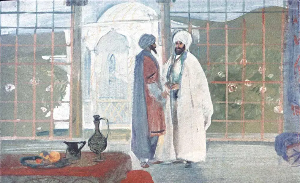 Imagine cu două personaje îmbrăcate în haine tradiționale, interacționând într-un interior decorat, cu un peisaj ce se vede printr-o fereastră mare.