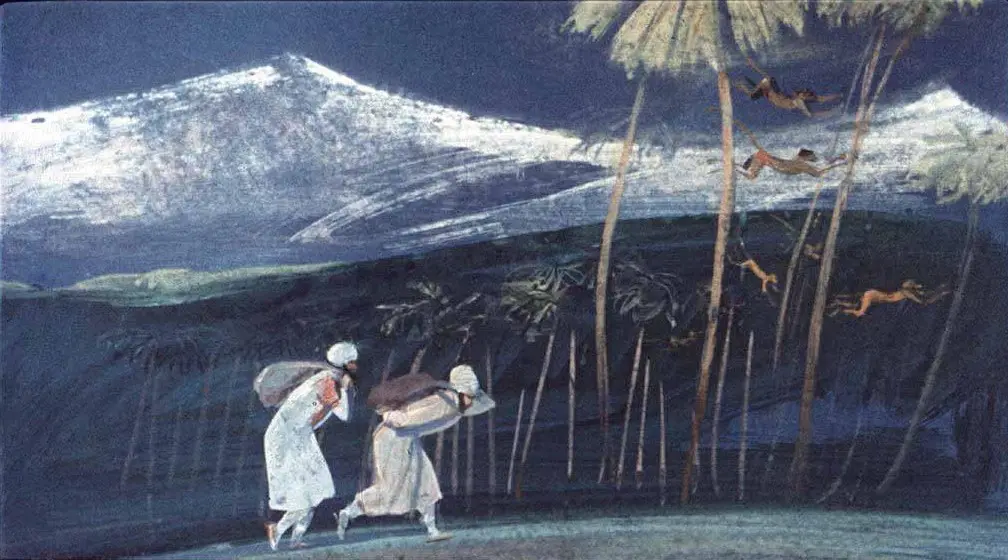 Pictură care ilustrează două femei îmbrăcate în alb, purtând poveri pe umeri, mergând pe un fundal cu munți acoperiți de zăpadă și copaci.