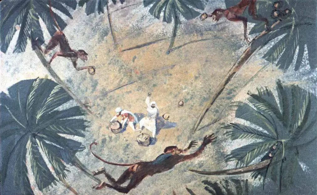 O ilustrație aeriană care prezintă o scenă tropicală cu maimuțe jucând un joc, având palmieri în fundal.