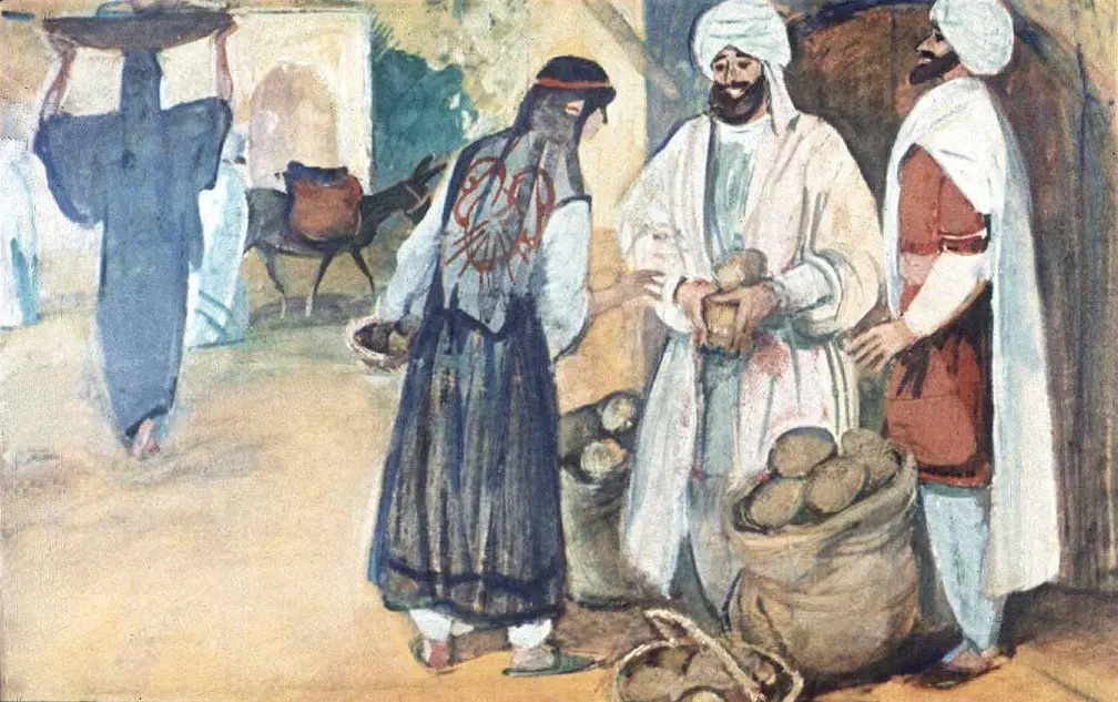 O ilustrație care prezintă o scenă de piață cu persoane îmbrăcate în haine tradiționale, interacționând și negociind, cu saci de produse în jur.