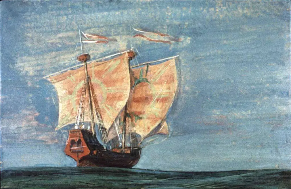 Imagine a painting of a ship with sails on a blue sea.