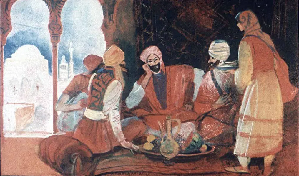 O ilustrație colorată cu cinci bărbați îmbrăcați în haine tradiționale, adunați în jurul unei mese cu mâncare, într-o cameră decorativă.