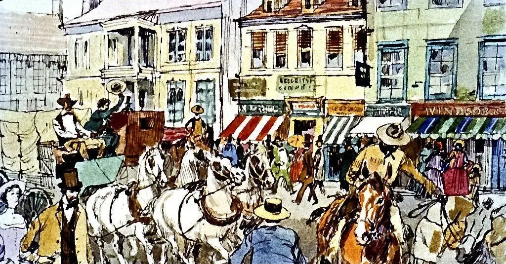 O ilustrație vibrantă a unei piețe aglomerate cu oameni, căruțe și cai, clădiri istorice și magazine, într-un peisaj urban.