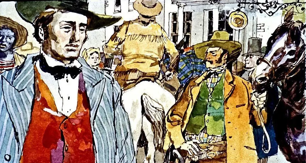 Ilustrație cu bărbați îmbrăcați în stil vest, pe o stradă aglomerată, cu un cal și alte personaje în fundal.