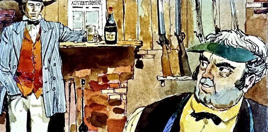 O ilustrație care prezintă doi bărbați într-un mediu rustic, cu arme de vânătoare pe fundal.