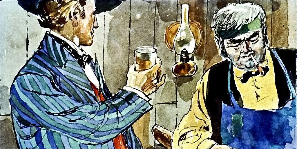 Două personaje într-o scenă de interior, unul îmbrăcat într-un sacou striped ține un pahar, iar celălalt, cu o față expresivă, poartă un șorț și are o lumânare aprinsă în spate.