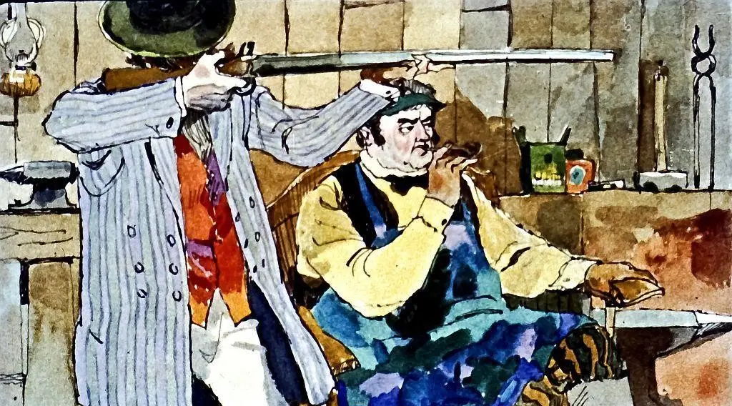 O ilustrație artistică ce prezintă o scenă cu două personaje, unul îmbrăcat în două tonuri de culoare, ținând o pușcă, iar celălalt așezat pe un scaun, fumând. Fundalul este compus dintr-un interior rustic, cu diferite obiecte de uz casnic vizibile.