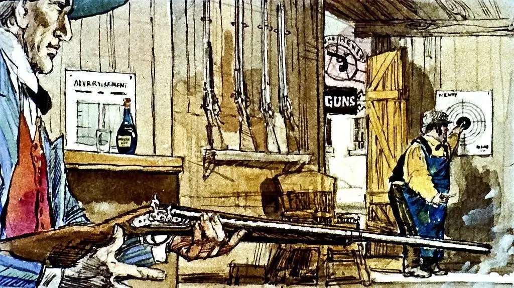 A vintage illustration depicting a gunsmith's shop with a man holding a rifle and another man in the background aiming at a target.