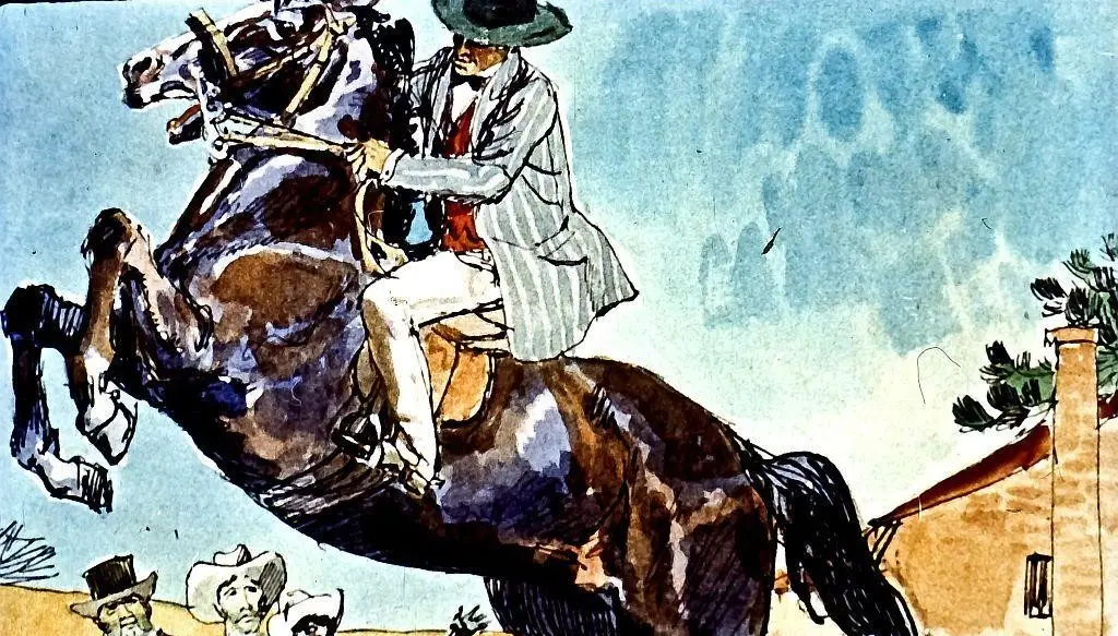 Un desen colorat reprezentând un călăreț pe un cal, cu oameni care privesc din jur.