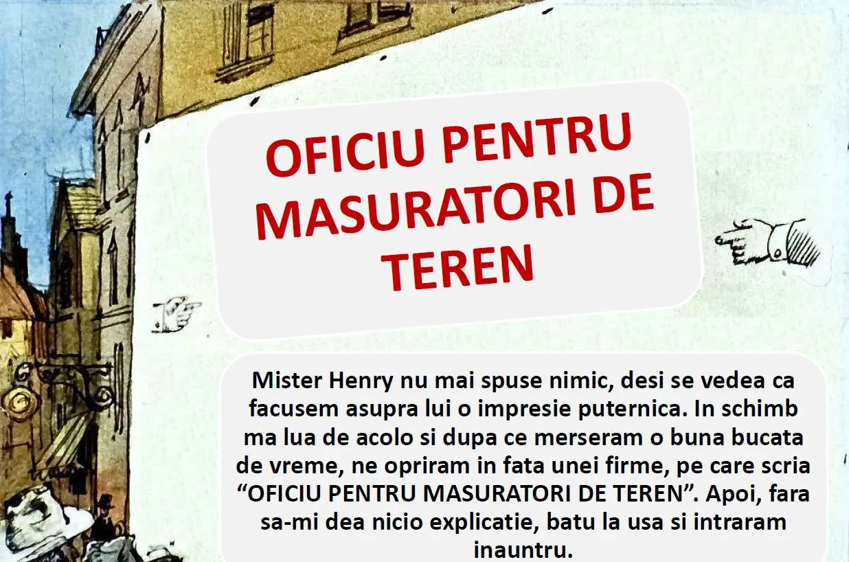 Imagine ilustrativă a unui oficiu pentru măsurători de teren, cu un text descriptiv și un peisaj urban.