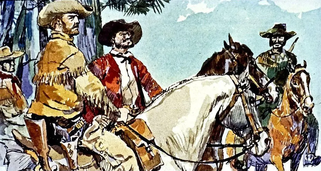 Ilustrație care prezintă un grup de cowboy și călăreți în peisaj natural, cu copaci și cer albastru.