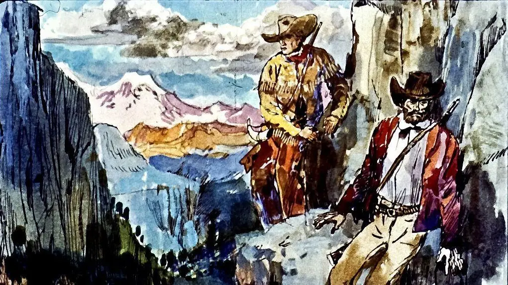 Ilustrație care arată doi bărbați îmbrăcați în haine de cowboy, pe o stâncă, cu munți și un peisaj montan în fundal.