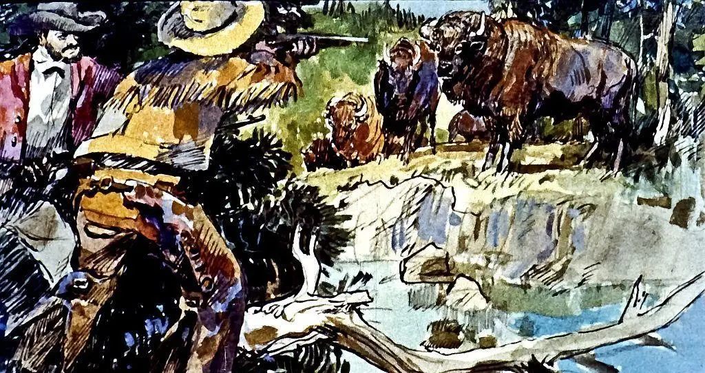 Imagine artistică cu un vânător ce se pregătește să tragă asupra unor bivoli, înconjurat de un peisaj natural.