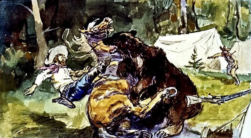 Ilustrație cu o luptă între un bărbat și un urs, cu un alt bărbat în fundal și corturi în pădure.