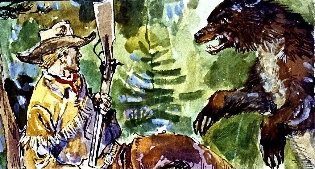 Ilustrație care prezintă un vânător cu o pușcă, față în față cu un urs în pădure.