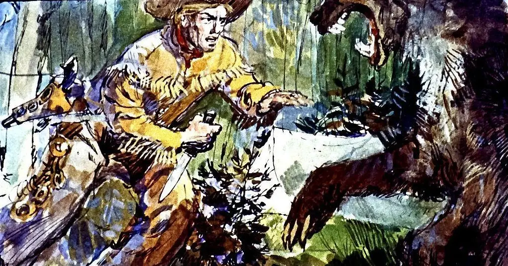 Ilustrație cu un bărbat îmbrăcat în haine de vânătoare, ținând un cutit, în fața unui animal sălbatic, într-un mediu forestier.