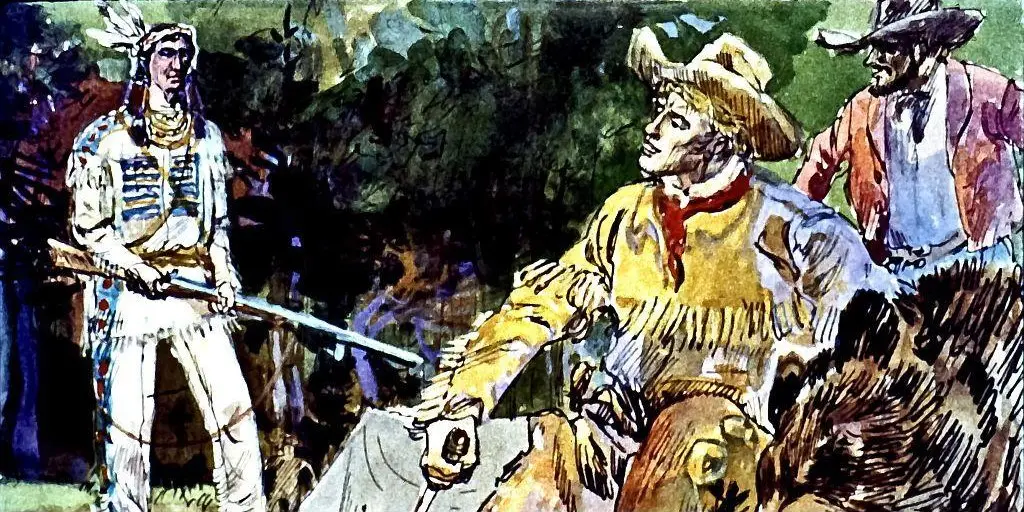 Ilustrație care prezintă un bărbat cu pălărie și haine tradiționale, stând pe un animal, în timp ce un alt bărbat îmbrăcat în haine tradiționale și un războinic cu o armă se află în fundal.