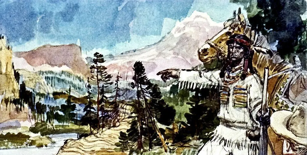 O ilustrație care prezintă un peisaj montan cu un personaj îmbrăcat în costume tradiționale, indicând spre o direcție, înconjurat de copaci și munți.