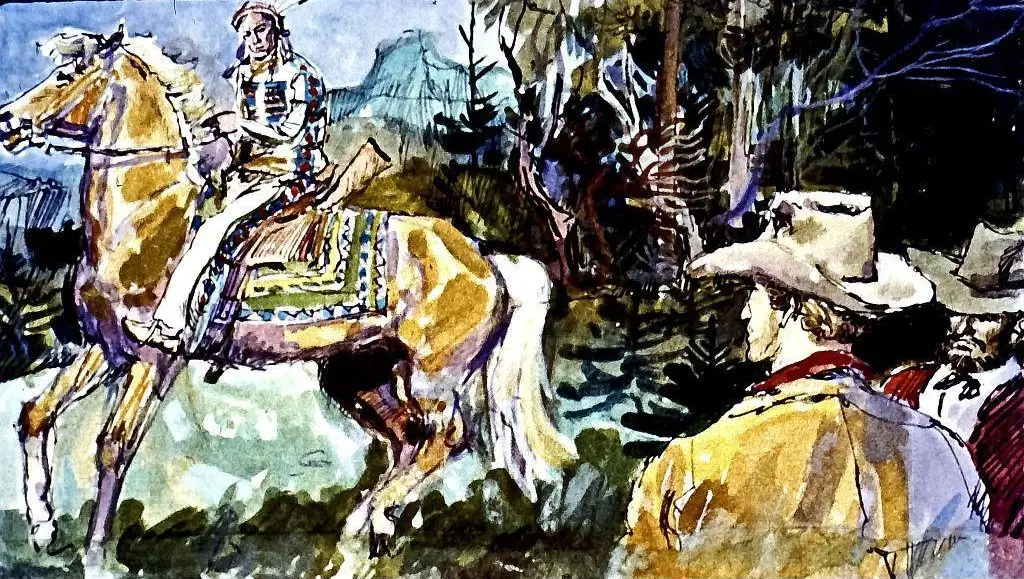 O ilustrație artistică reprezentând un călăreț pe un cal cu o ținută tradițională și mai multe figuri umane în fundal, observând scena.