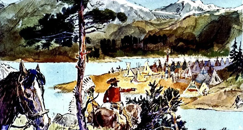 O ilustrație care arată un peisaj montan cu un râu și un sat de tip tăbărășie, având corturi și oameni îmbrăcați în costume tradiționale, în prim-plan un bărbat călare îndreptându-se spre comunitate.