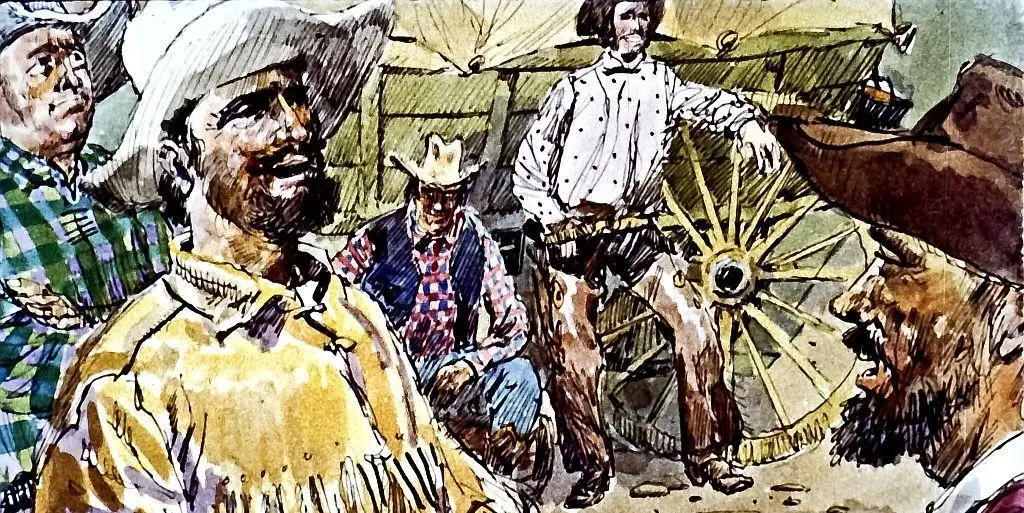 Ilustrație cu bărbați îmbrăcați în stil vest, discutând în jurul unei căruțe, cu un fundal de peisaj desertic.