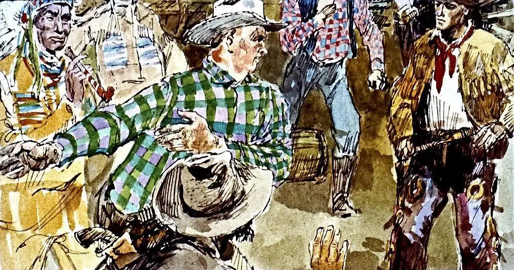 O scenă din vestul sălbatic cu mai multe figuri în costume tradiționale, inclusiv un bărbat în cămașă în carouri, interacționând într-un mediu aglomerat.