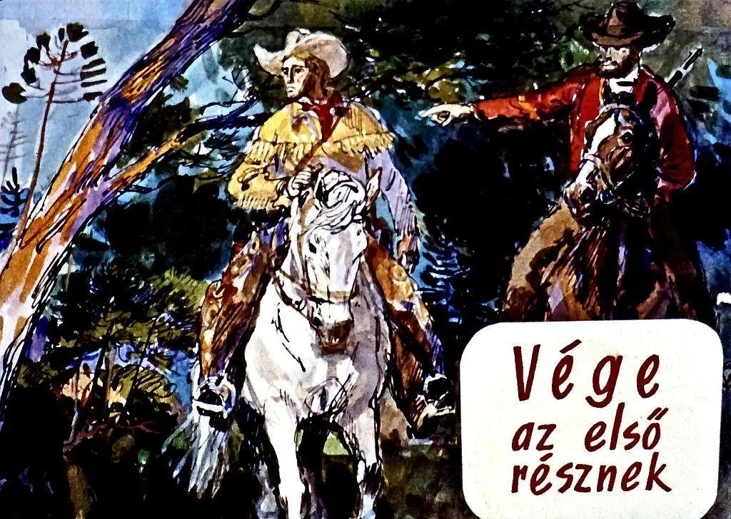 O ilustrație artistică cu doi călăreți în natură, unul îmbrăcat în haine de cowboy și celălalt în haine de soldat, discutând.