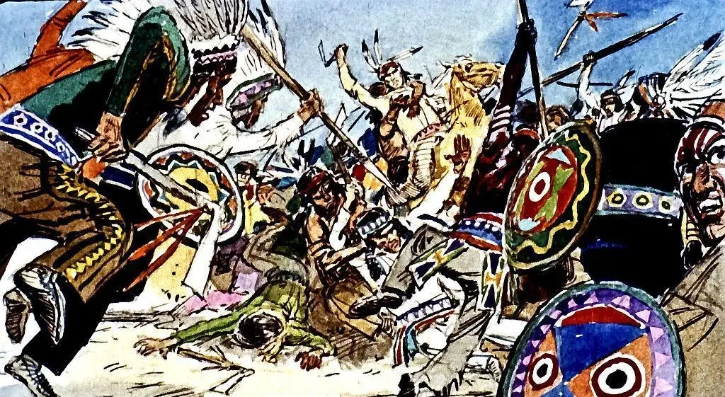 Ilustrație care prezintă o bătălie între triburi, cu oameni în costume tradiționale, arme și scuturi, în mijlocul unei confruntări intense.