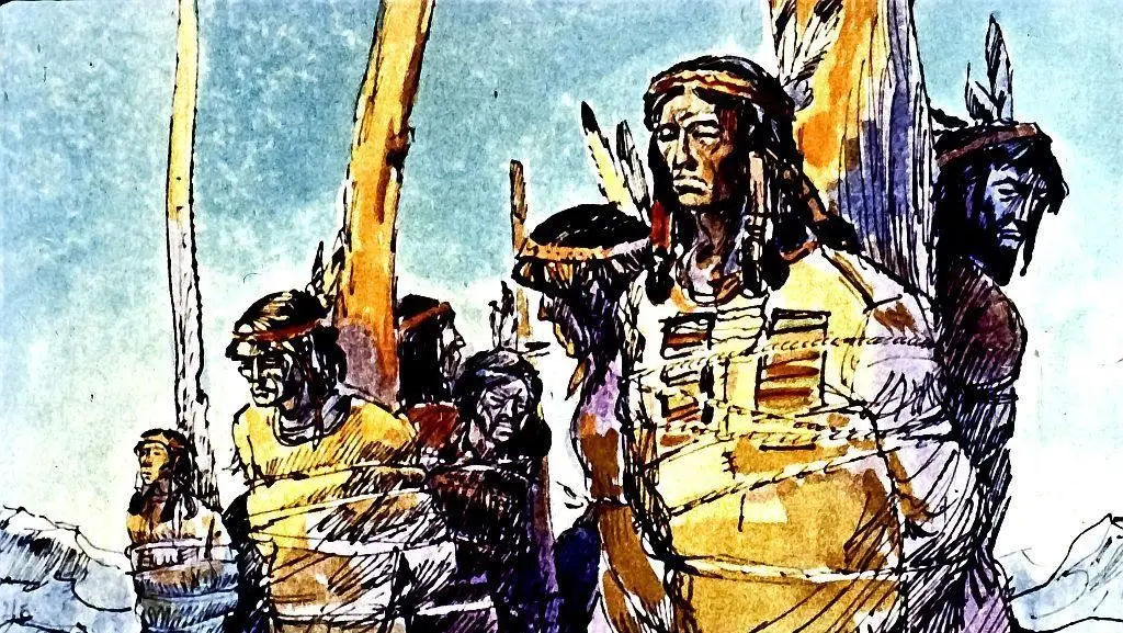 O ilustrație artistică reprezentând grupuri de indivizi, având trăsături distincte, îmbrăcați în haine tradiționale și cu pene în păr, pe un fundal de cer albastru.