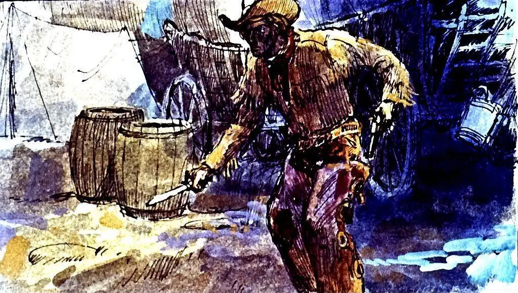 Ilustrație artistică reprezentând un cowboy într-un peisaj de tabără, având un cuțit în mână, cu un fundal de care și butoaie.