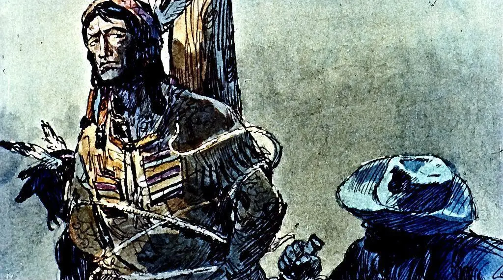 Ilustrație artistică reprezentând un personaj legat, cu un alt individ în penumbră, punând accent pe expresiile faciale și detaliile costumelor.