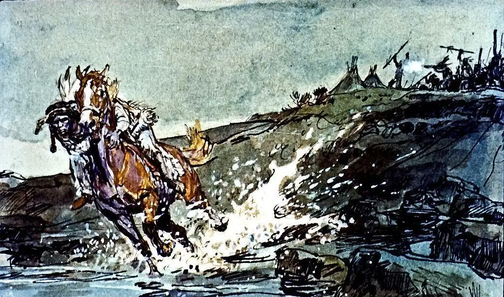 Ilustrație artistică cu un cal care sare prin apă, purtând un călăreț în timpul unei scene de aventură.