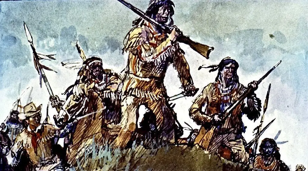 Grup de persoane îmbrăcate în haine tradiționale, purtând arme, pe un fundal de peisaj. Aceștia par să fie implicați într-o acțiune de luptă sau de apărare.