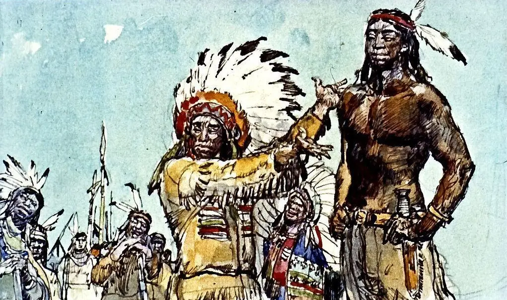 Ilustrație artistică ce prezintă figuri de indieni americani, inclusiv un lider purtând o coifă traditională, înconjurat de alte personaje în costume tradiționale.