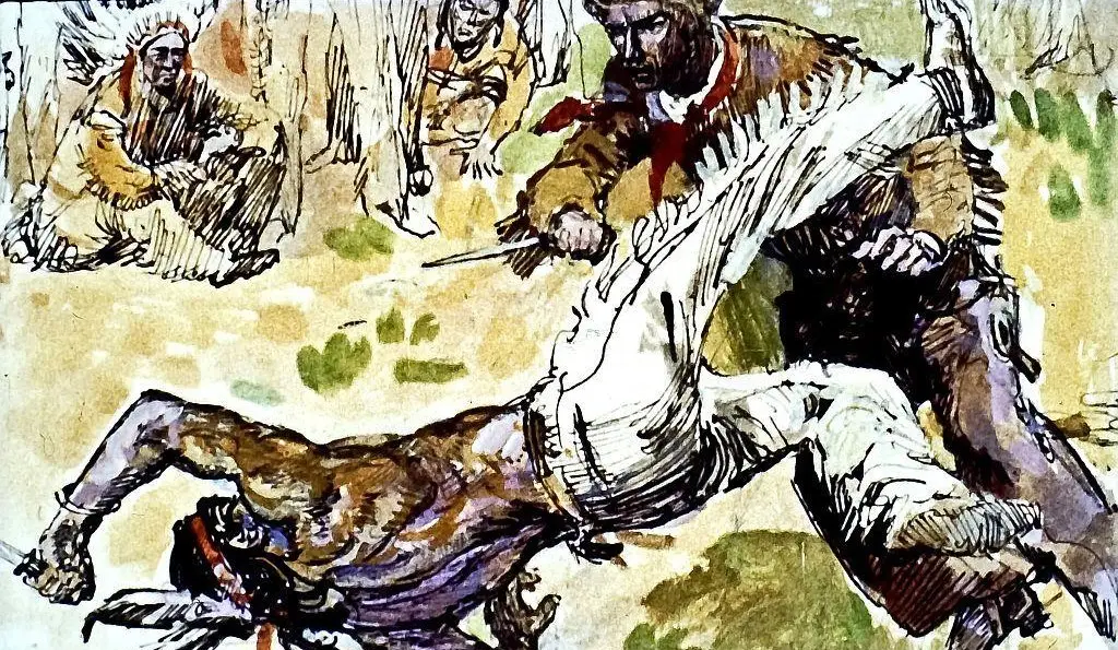 Ilustrație artistică reprezentând o scenă de conflict, cu figuri umane în diverse acțiuni.