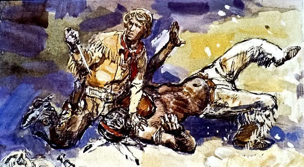 Ilustrație artistică care prezintă o scenă dramatică cu un personaj îmbrăcat în stil de vânător și un alt personaj întins pe pământ, într-un peisaj de natură.